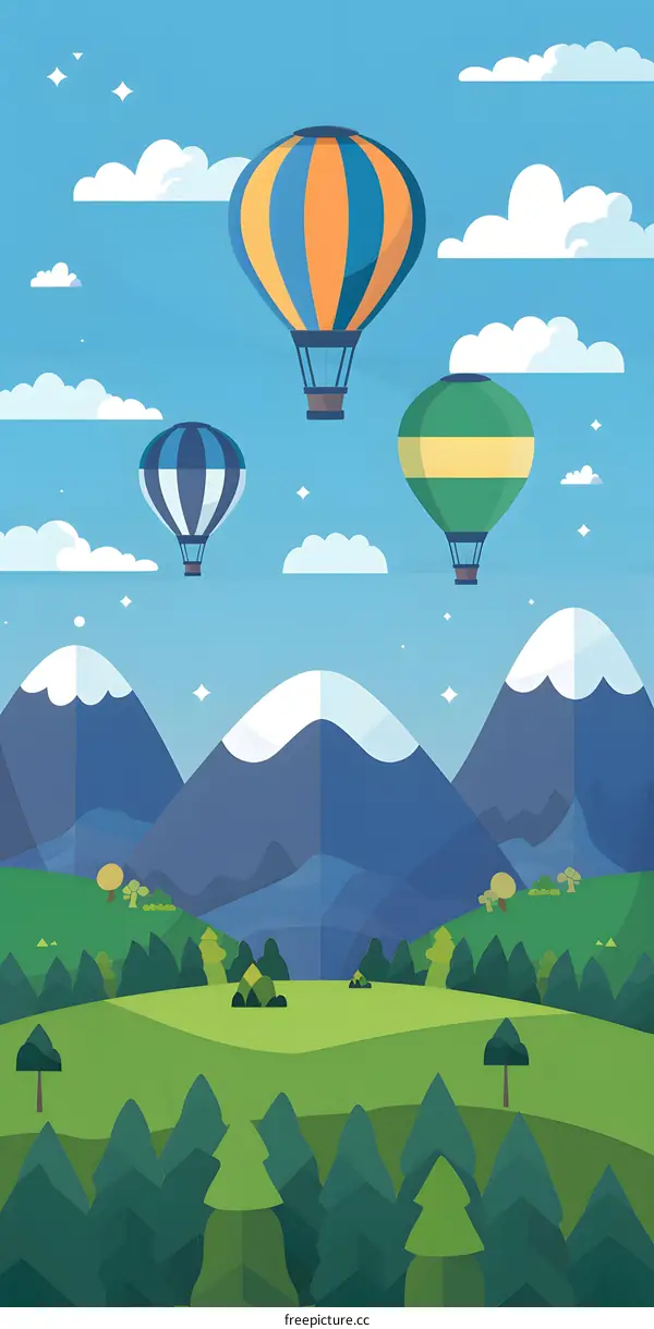 Hot Air Balloon Landscape with Mountains Illustration