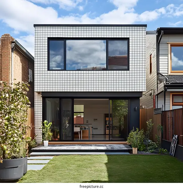 Modern White Tile House with Sliding Glass Doors
