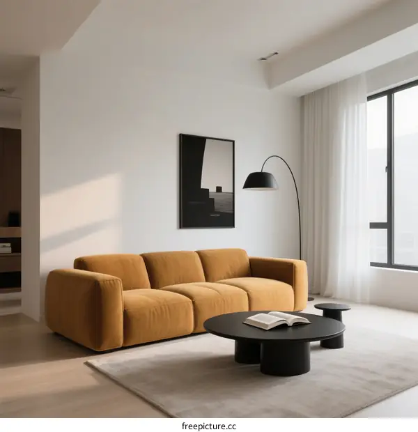 Modern living room with orange sofa and black coffee table
