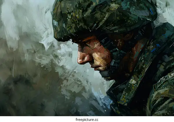 A soldier wearing a green camouflage helmet is looking down with a sad expression on his face.