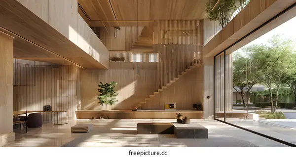 Modern Minimalist Home Interior Design With Wooden Walls And Stairs