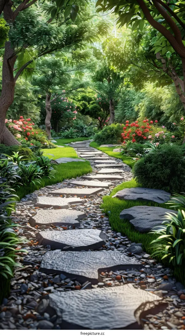Stone Path Through Lush Green Garden