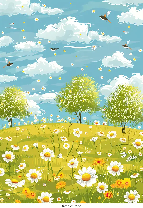 Spring Meadow with Daisy Flowers and Birds Flying in the Sky