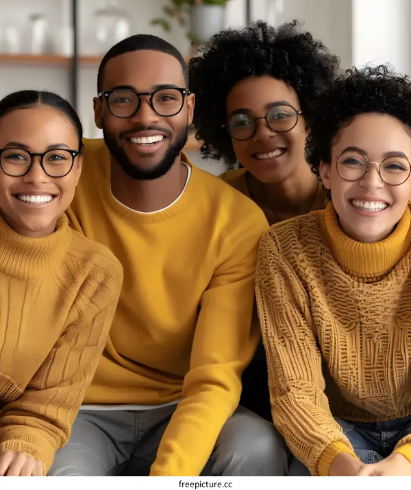 Happy Group Of Diverse Friends Wearing Yellow Sweaters