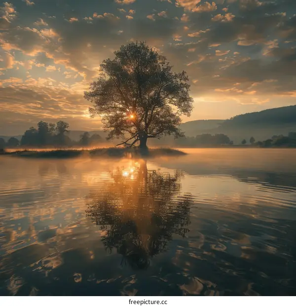 Lonely Tree at Sunset, Reflecting in Still Water