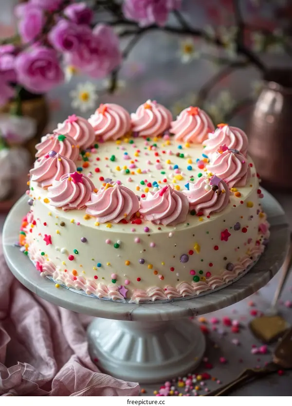 Whimsical Pink and White Birthday Cake Adorned with Colorful Sprinkles
