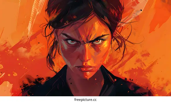 Portrait of a determined young woman with brown hair and brown eyes, wearing a black jacket with a white collar, against a bright orange background with paint splashes