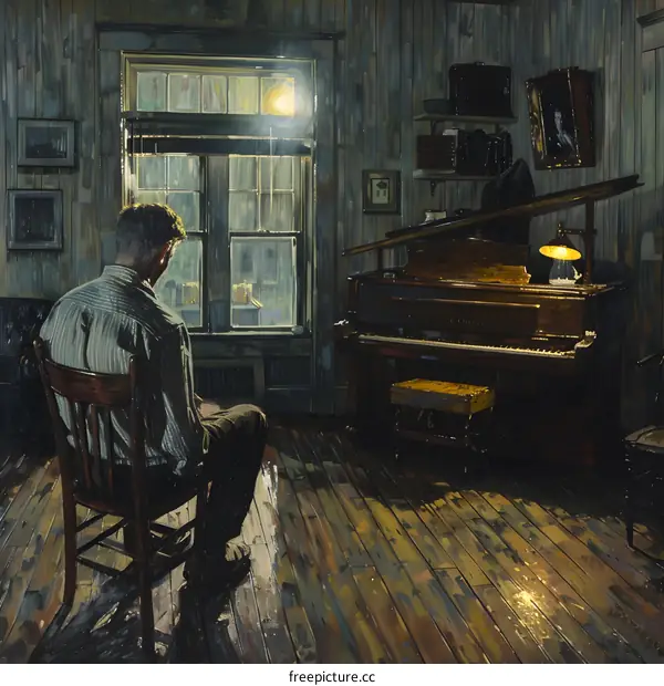 Man sitting on a chair with his back to the viewer, looking out the window