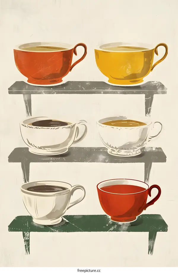 Vintage Tea Cups Illustration with Different Colors