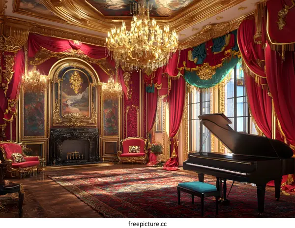 Grand Piano in a Luxurious Red and Gold Room