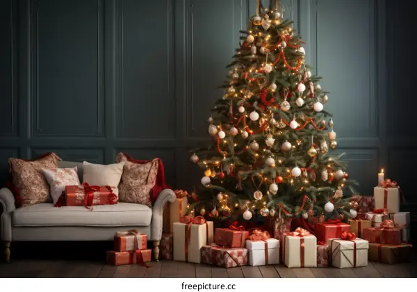 A beautifully decorated Christmas tree with presents underneath
