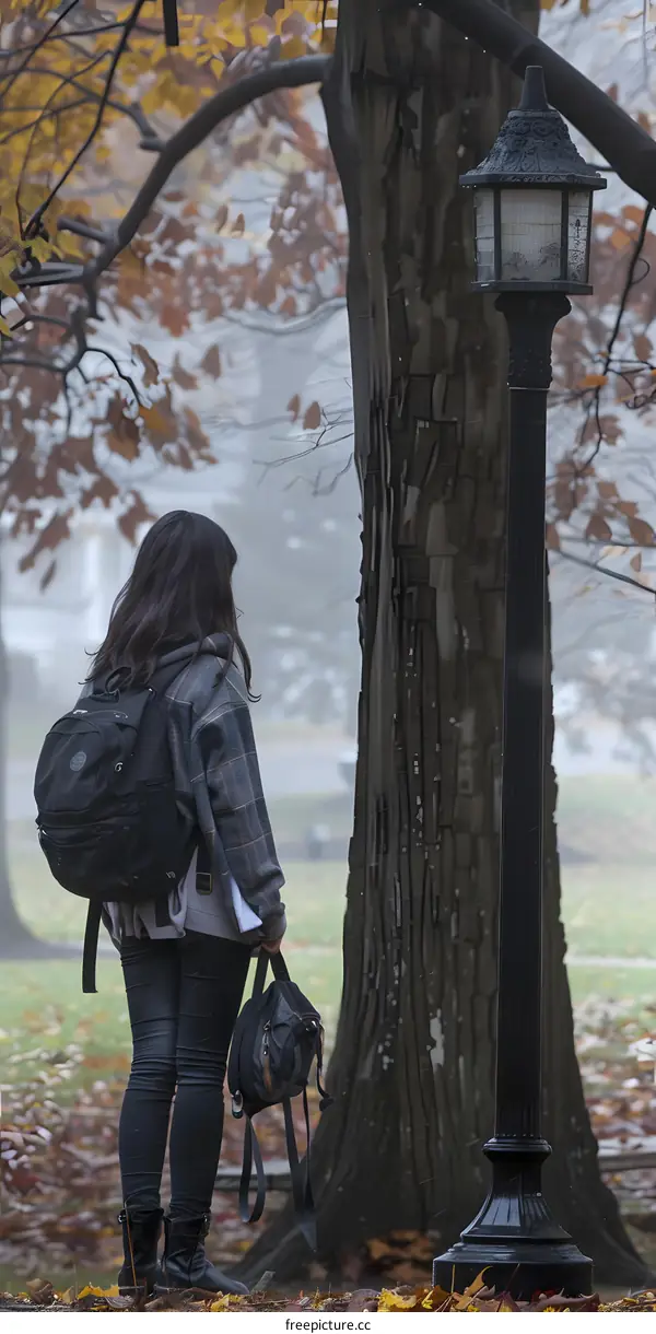 Woman with Backpack Standing by Tree in Foggy Autumn Park