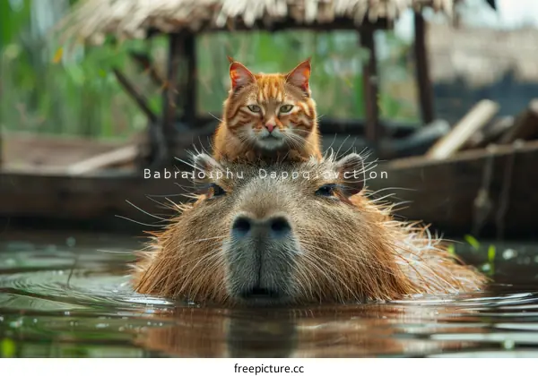 A ginger cat is sitting on the head of a capybara in the water