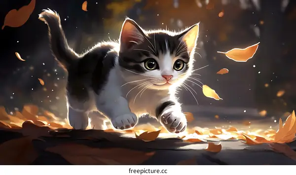Cute Kitten Running Through Autumn Leaves
