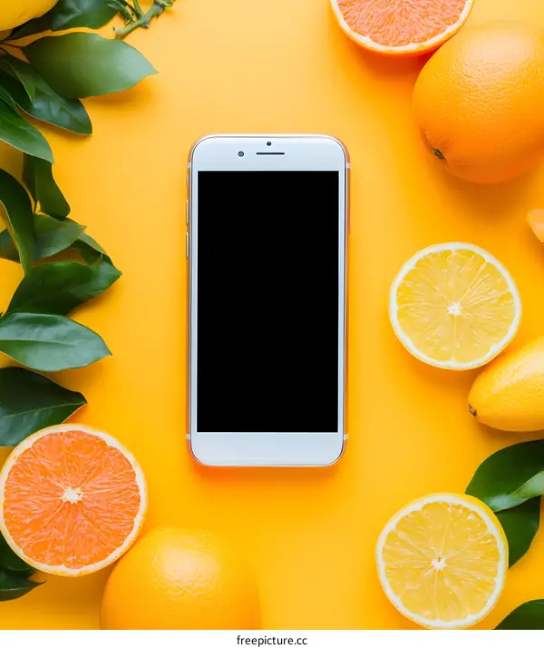 Smartphone with Oranges and Lemons on Yellow Background