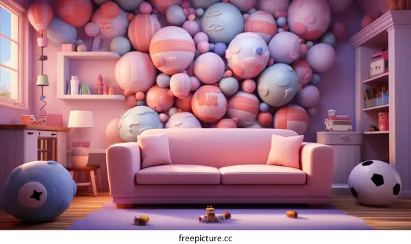 3D Abstract Art - Pink Sofa and Colorful Wall