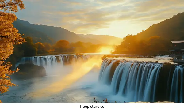 Sunrise Waterfall Scenery in Autumn