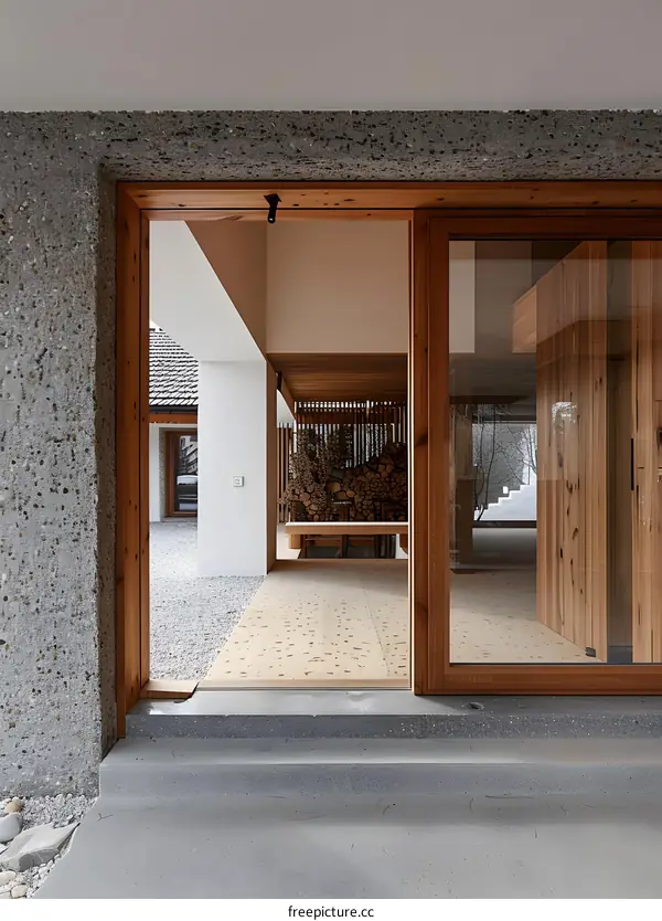 Modern Minimalist Concrete and Wood Entrance with Glass Doors
