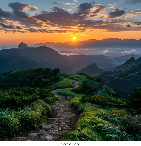 Mountain path at sunrise