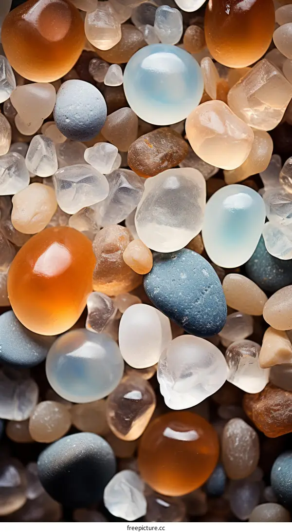 Close-up of a pile of smooth, round pebbles on the beach