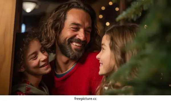 Father and children near Christmas tree