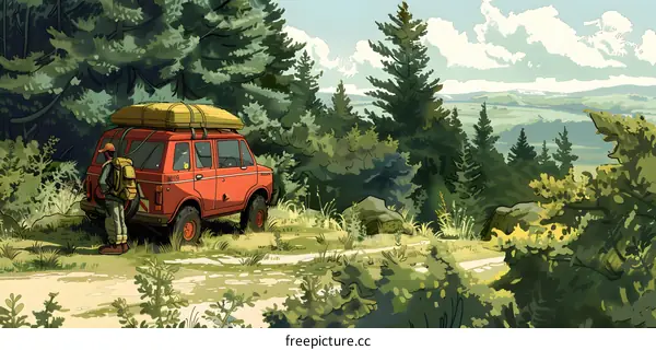 Man Standing Next To A Red Van In The Forest