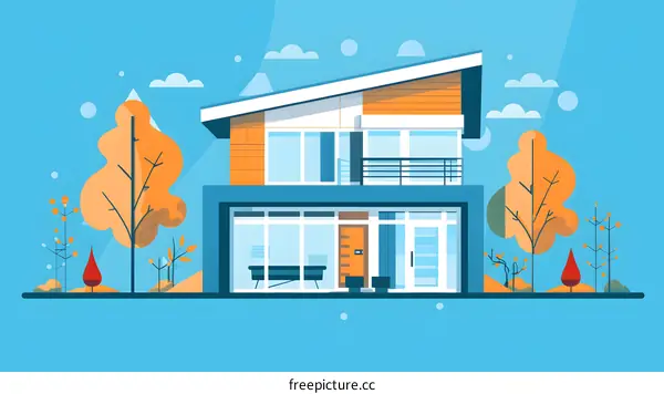 Modern House Illustration with Autumn Trees