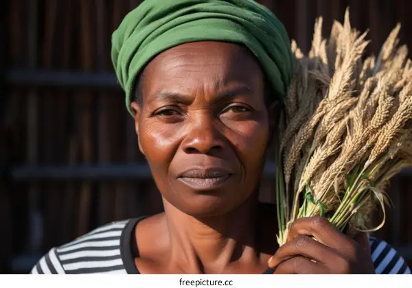 Portrait of a woman holding a bundle of wheat