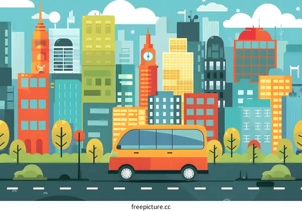 Cityscape with Van and Buildings