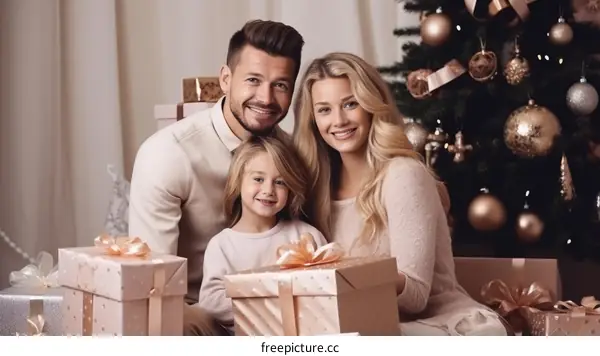 Family of three opening presents on Christmas morning