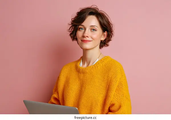 Young woman with laptop wearing yellow sweater, pink background