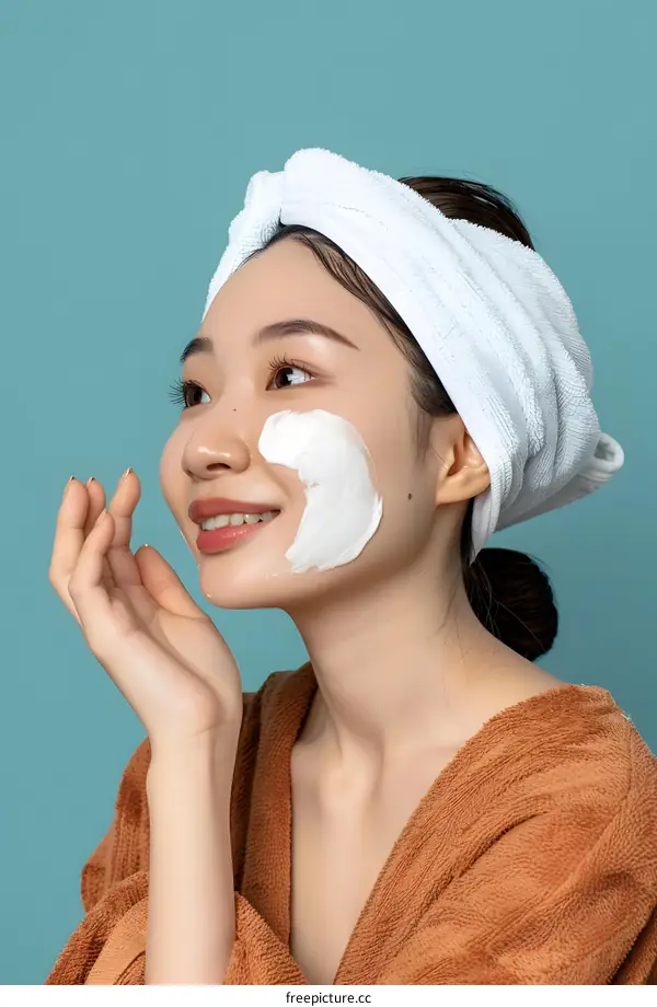 Asian Woman Applying Face Mask Beauty Treatment