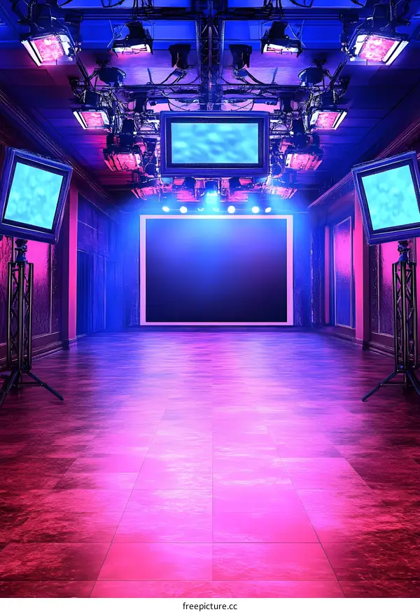 Empty Stage in a Hall With Neon Lights