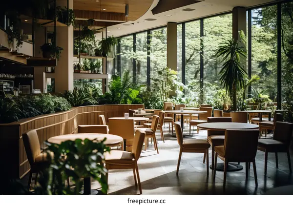 Modern Indoor Garden Cafe with Glass Walled Windows