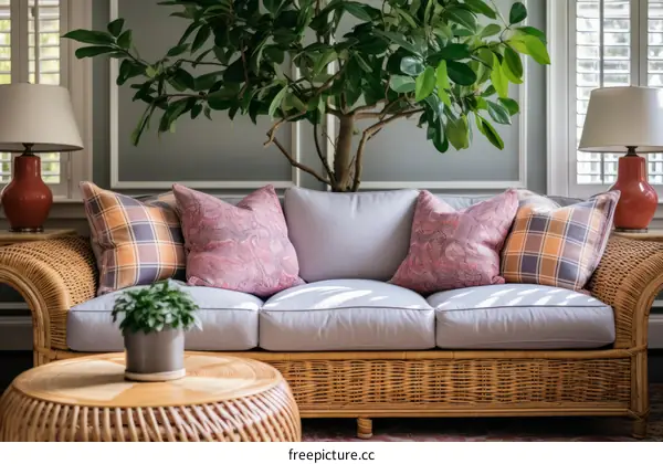 A living room with a wicker sofa, coffee table, and potted plants