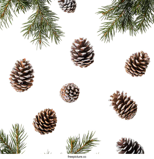 [Transparent Background PNG]Winter Pine Cones and Branches Seamless Pattern