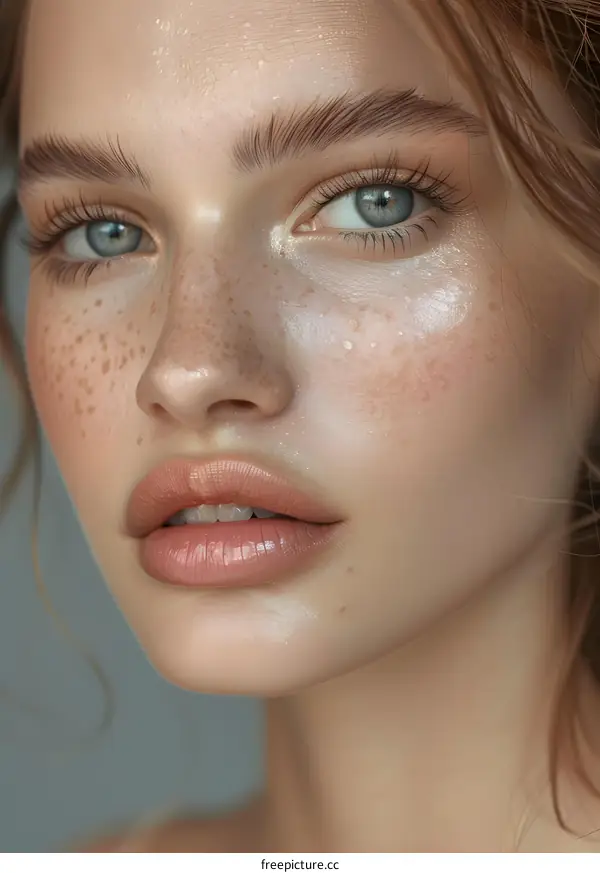 Close Up of a Woman with Freckles and Blue Eyes