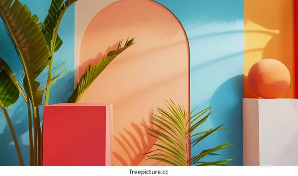 Colorful Background with Palm Leaves and Geometric Shapes