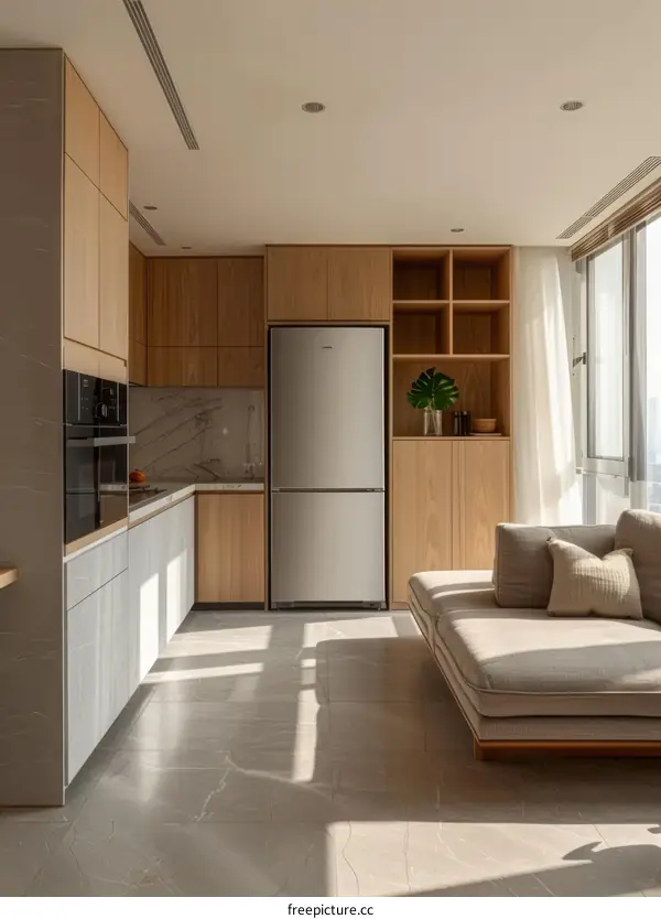 Modern Open-Concept Kitchen with Wood Cabinets and Marble Countertops