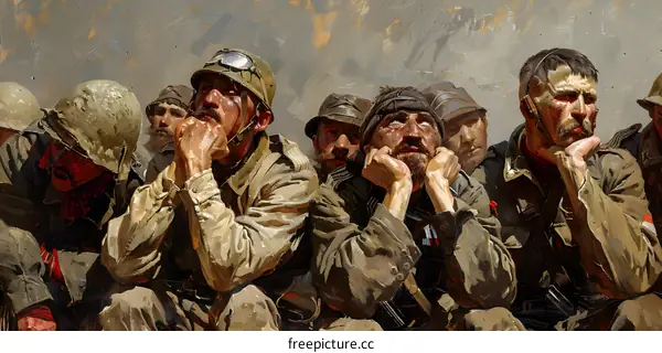 A group of soldiers are sitting on the ground, all wearing tattered uniforms and looking weary.