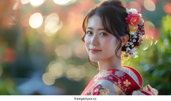 Young Japanese Woman in Traditional Kimono Smiling at Camera