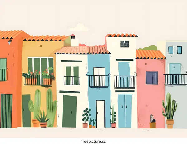 Colorful Mediterranean Style Row Houses With Cacti