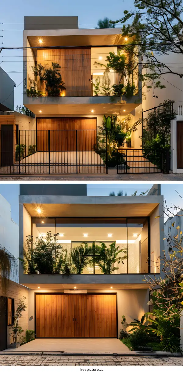 Modern House with Wooden Garage Doors and Large Windows