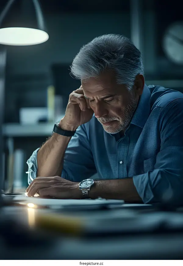Mature Man Sitting at a Desk Working Late at Night