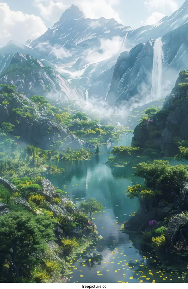 Fantasy Landscape with Peaks, Waterfalls, and a River Cutting Through the Valley