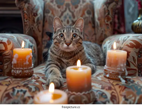 A cat is sitting on a chair with candles around it