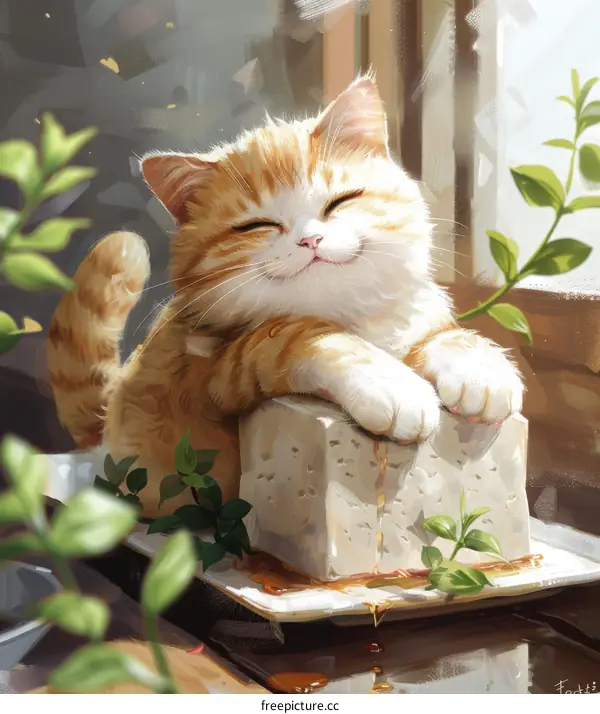 A cute tabby cat lying on a block of tofu