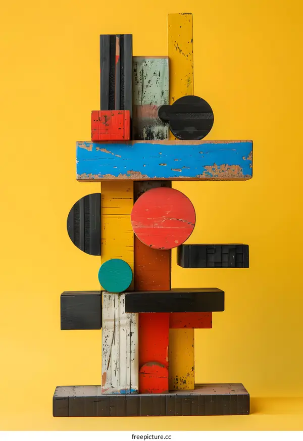 colorful wooden sculpture with geometric shapes