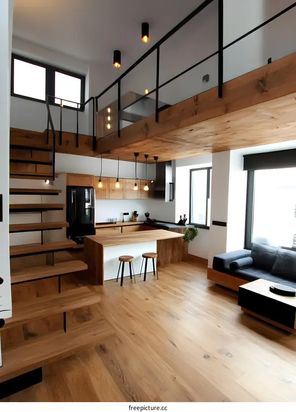 Modern Loft Apartment Interior Design With Wooden Flooring And Black Accents