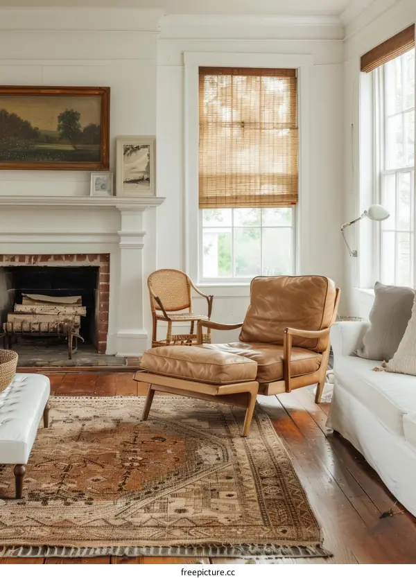 A cozy living room with a fireplace, rug, and leather chair